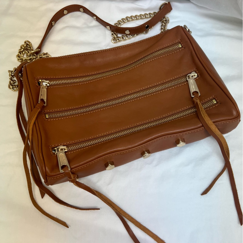 Rebecca Minkoff tan leather crossbody bag with zippers and gold details. - Picture 2 of 13
